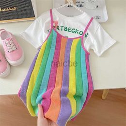 T-shirts 2024 Girl Summer Clothes Set Cute Rabbit Print T-shirt + Sweet Rainbow Camisole Dress 2Pcs Kids Knit Dresses Korean Clothing Set 240410