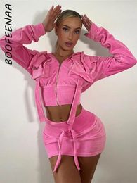 Work Dresses BOOFEENAA Long Sleeve Two Piece Set For Women Pink Velvet Zip Up Hooded Jacket Mini Skirt Casual Fall Winter Outfits C96-FD58