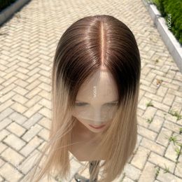 Invisible HD Lace Top Kosher Wigs Brown Blonde Ombre Virgin European Human Hair Double Lace Front Wig for Jewish Women Sheitals