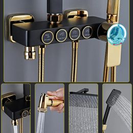 Black Gold Shower Set Luxury Thermostatic Bathroom Shower System Rainfall 10 Inch Shower Head Copper Bathroom Faucet Sets