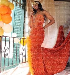 Party Dresses 2024 Orange Prom For Black Girls Crystal Lace Applique African Women Graduation Gowns Feathers Vestido De Noche