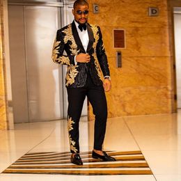 Black Shinny Suits Men Slim Fit 2 Pieces Gold Appliques Sequins Jacket+Pants Groom Wear Wedding Tuxedo Custom Made Blazer 2022