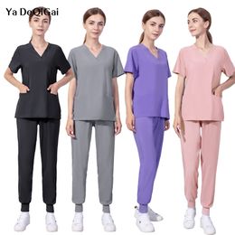 Solid Colour Nursing Scrubs Women Uniforms Elasticity Pet Clinic Nurse V-neck Medical Hospital Doctor Working Clothing Wholesale