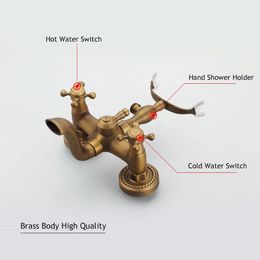 ULGKSD Bathtub Shower Faucet Gold/ Antique/Bronze Brass Handshower Wall Mount Dual Handles Mixer Tap For Bathroom Tub Shower