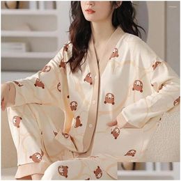 Womens Sleepwear Long-Sleeve Home Wear Cozy Cartoon Print Winter Pajama Set With Single-Breasted V Neck Elastic Waist Soft Long For Dr Dhoie