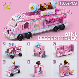 HUIQIBAO 1000+Pcs Girls 6IN1 Dessert Cart Building Block City Friends DIY Ice Cream Truck Figures Bricks Toys Children Birthday