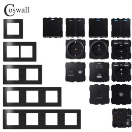 COSWALL L1 Series Black Brushed Aluminum Panel Wall Switch EU French Socket HDMI-compatible USB Charger TV RJ45 Modules DIY