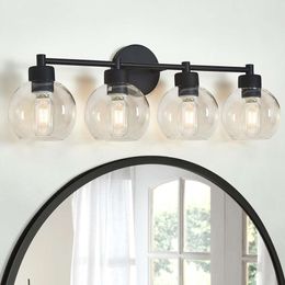 Modern Matte Black Vanity Light Fixture with 5 Globe Glass Shades - Stylish Bathroom, Stairs, or Kitchen Lighting with Metal Base