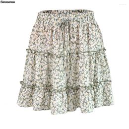 Skirts Womens Summer Cute High Waist Ruffle Skirt Vintage Floral Print A Line Flowy Swing Beach Mini Drawstring Boho Short