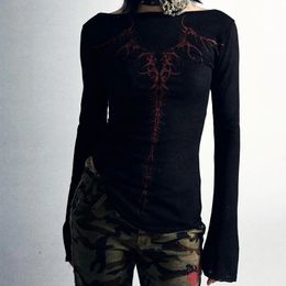 90s Vintage E-girl Emo Clothes Fires Graphic Print Y2K Grunge T-shirt Women Harajuku Retro Long Sleeve Tee Goth Punk Streetwear 240410