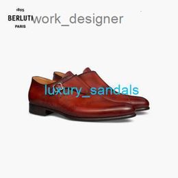 BERLUTI Mens Dress Shoes Leather Oxfords Shoes Berluti Galet Scritto Patterned Leather Monk Shoes Formal Shoes Sienna Red 050 HBPB 7SC9