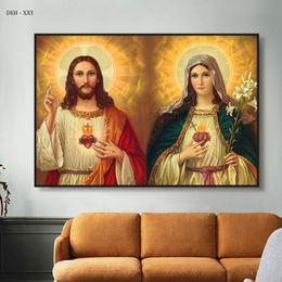 Mary and Jesus Sacred Heart Poster Prints HD Canvas Painting Catholic Fresco Christianity Wall Art Pictures Living Room Decor