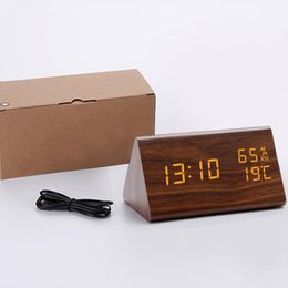 Humidity And Temperature Alarm Clock Triangle Digital Clock LED Wood Alarm Clock Desktop Clock USB/AAA Powered Home Table Decor