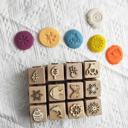 Wooden Montessori Play Dough Stamps Open Ended Toys Handmade 6-sided Pattern Cube Stamps Play Dough Fun Activities for Children