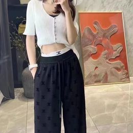 Desinger women elastic waist sports casual pants logo flocking print all over logo loose wide leg long trousers SMLXLXXL3XL