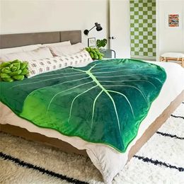 Blankets 1pc Green Leaf Shape Flannel Blanket Soft Cozy Throw Blankets For Travel Sofa Bed Home Decor Birthday Gift For Kids Adults