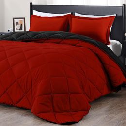 SydCommerce Red and Black Completor completo - Conjuntos de cama macios para todas as estações -3 edredom de peças cheia com 2 shams de travesseiro reversível