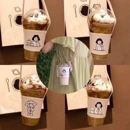 Portable Water Bottle Holder Carry Bag Coffee Cup Storage Sleeve Cover Canvas Printing Milk Tea Set Drinking Bottle Strap Bag