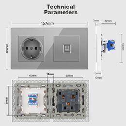 Jhjch EU standard wall socket + TV phone, Grey tempered glass rj45 cat6 wall socket computer Internet 157*86mm