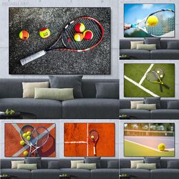 Modern Tennis Racket and Ball Canvas Painting Wall Art Sports Wall Pictures Red Green Playground Posters for Living Room Decor