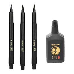 4Pcs Portable Pens 3 Different Nib Felt Tip Brush Refillable Ink Pen for Writing Calligraphy Exercises Signature Black