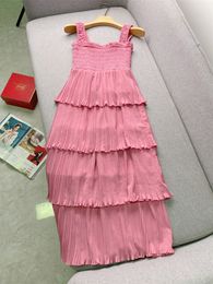 Spring Summer Pink Solid Colour Pleated Dress Spaghetti Strap Square Neck Ruffled Midi Casual Dresses J4A09B153