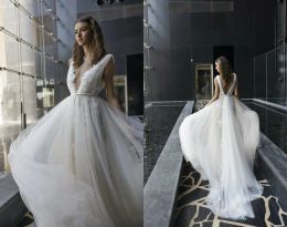 3D Floral Appliques Wedding Dress Tiers Beach Backless Deep V Sheer Neck A Line With Sash Lace Wedding Gowns