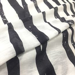 Black white irregular striped design silk linen natural fabric with white spots,SLN200
