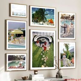 Palm Springs Pool Party Poster Retro Parasol Beach Wall Art Canvas Painting Wall Slim Aarons Photography for Living Room Decor