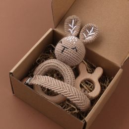 1Set Crochet Bunny Baby Teether Rattle Safe Beech Wooden Teether Ring Pacifier Clip Chain Set Newborn Mobile Gym Educational Toy