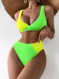 Women's Swimwear Color Block High Waisted Bikini 2024 Women Swimsuit Sexy Female Bathers Bathing Swimming Swim Suit Beachwear