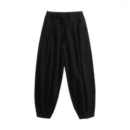 Men's Pants Men Casual Loose Straight Drawstring Ninth With Elastic Waist Pockets Solid Color Breathable Ankle For Daily