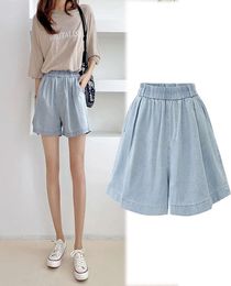 Tencel Jeans Shorts women039s summer new elastic high waist loose thin wide leg versatile light blue casual pants5106490