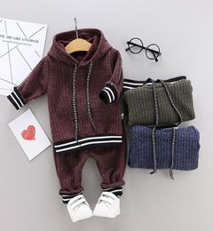 Toddler Kids Baby Boys Hooded Warm Knit solid clothes set Crochet Sweater Long Pants boutique Tracksuit clothing Outfits Set Y20064524436