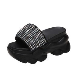 Ladies Rhinestone Wedge Slippers Womens Popular Summer New Korean Fashion Open-toe Flip-flops To Wear Beach Sandals on The Outside For Girls Shoes A076