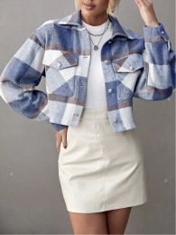 2024 New Winter Jackets Women Coat Lapel Plaid Single-Breasted Woollen Short Coat Autumn Plaid Print Drop Shoulder Crop Overcoat