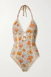 Women's Swimwear Deep V Neck Printed One-Piece Swimsuit