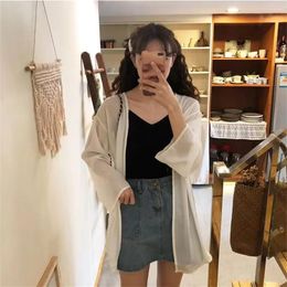 Women's Knits Sexy Open Front Long Sleeve Sheer Crop Top See Through Cardigan Shirt 2024 Korean Summer Chiffon Shrug Sun Protection