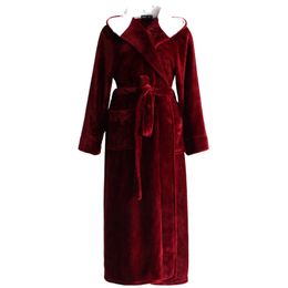 Men Women Winter Plus Size Long Cozy Flannel Pajamas Robes Hooded Bathrobe Solid Color Couple Nightgown Thick Thermal Homewear