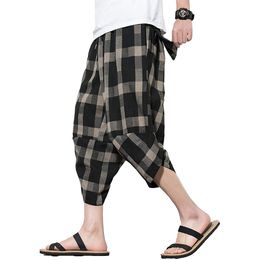 Men's Harem Pants Lightweight Elastic Waist Yoga Pants Striped Grid Wide Leg Baggy Linen Capri Beach Casual Pants Trousers