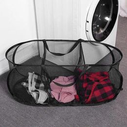 Laundry Bags Mesh Basket Poped Up 3 Compartment Collapsible Design Clothes Storage Hamper Baskets With Handle Dirty