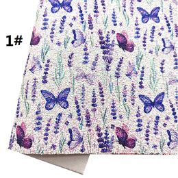 Butterflies Flowers Printed Chunky Glitter Vinyl Fabric Sheet Felt Backing Synthetic Leather Faux Vinil For Craft A4 SIZE R473B