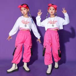 Hip Hop Girls Crop Top Pink Cargo Pant Kids Sweatshirt Street Dance Clothes Sets Child Jazz Sweet Outfit Teen Streetwear Costume