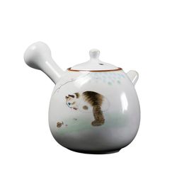 230ml Chinese Ru Kiln Side Handle Teapots Handmade Cute Cat Pattern Ceramic Kettle Travel Portable Filter Tea Pot Home Tea Set