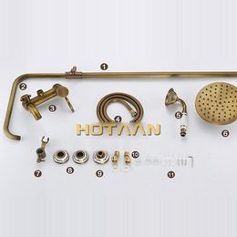 Antique Brass Wall Mounted Mixer Valve Rainfall Shower Faucet Complete Sets + 8" Brass Shower Head + Hand Shower + Hose YT-5326