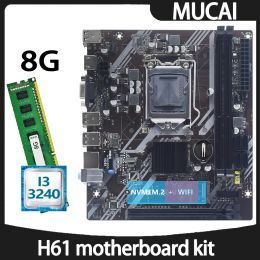 Motherboards MUCAI H61 Motherboard DDR3 8GB 1600MHZ RAM Memory With Intel Core i3 3240 CPU Processor And LGA 1155 Kit Set PC Computer