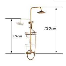 SHBSHAIMY Antique Brass Bathroom Shower Set Wall Mounted rainfall Shower Faucet with Hand shower and Shelf Hot Cold Mixer Tap