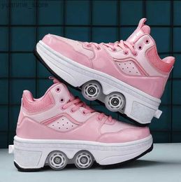 Inline Roller Skates Kids Roller Skates Shoes 4 Wheels Child 2 In 1 Deformation Removable Retractable Pulley Slide Skating Parkour Runaway Sneakers Y240410