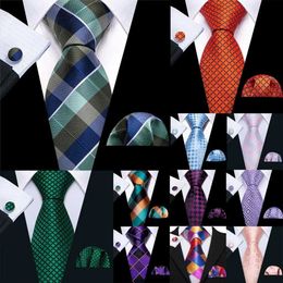 Neck Ties Barry. Wang Plaid Silk Mens Tie Hankerchief Cufflinks Set Mens Formal Casual Wedding Business Party Jacquard NecklineC240410