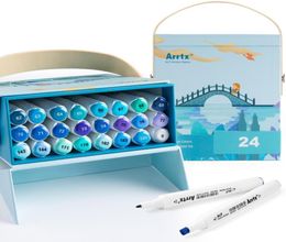 Arrtx ALP Blue Tone 24 Colours Alcohol Marker Pen Dual Tips Markers Perfect for Painting Sky Sea River etc 2011201005254